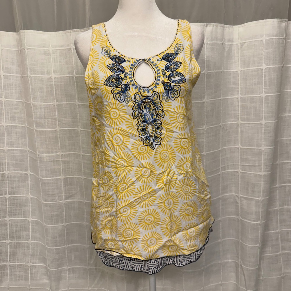Krista Lee Womens Yellow Sun Print Embroidered Keyhole Sleeveless Tank Top M